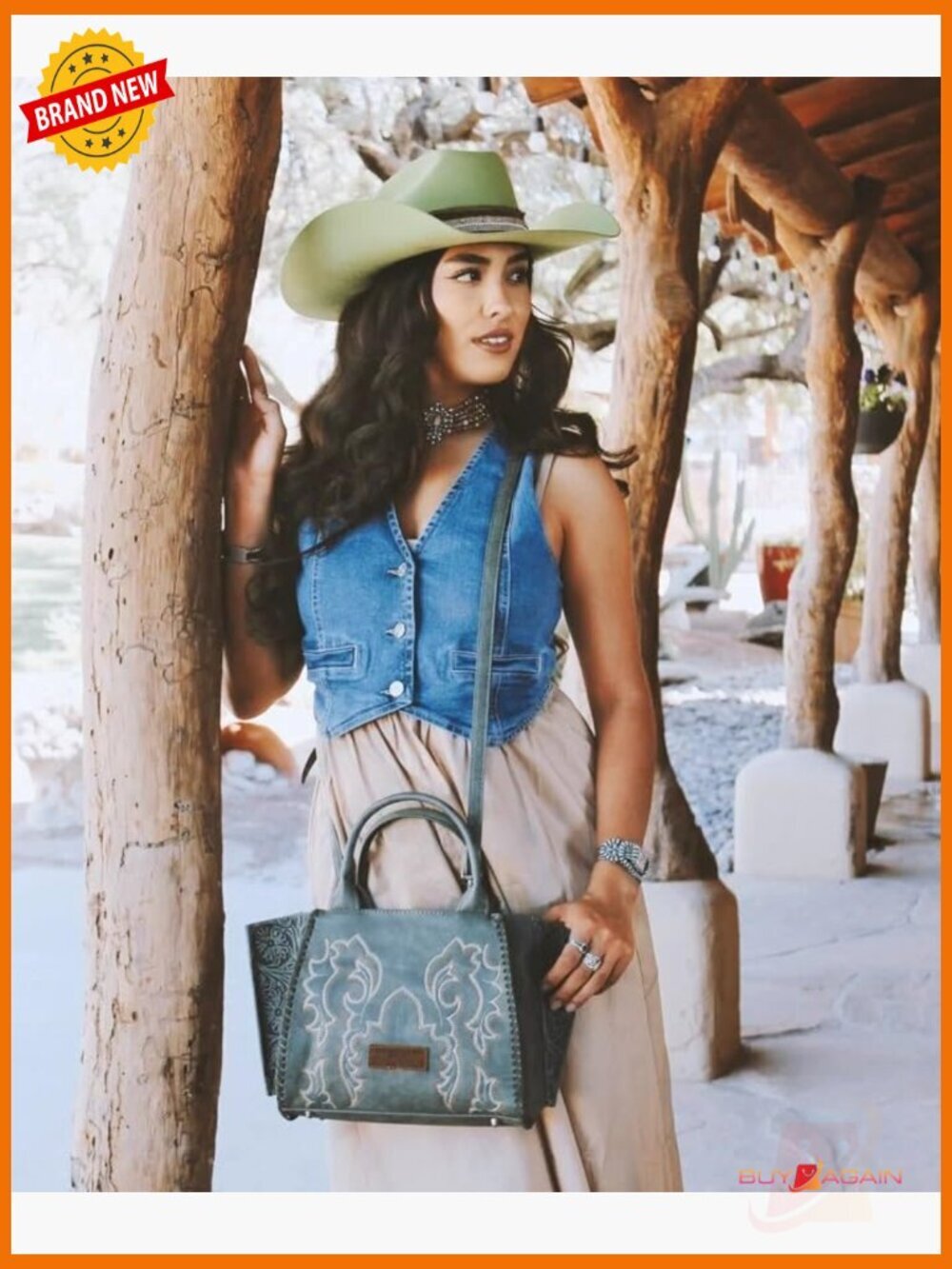Western Embroidered Tote Bag with Crossbody Strap Faux Leather Top Handle - Picture 3 of 7